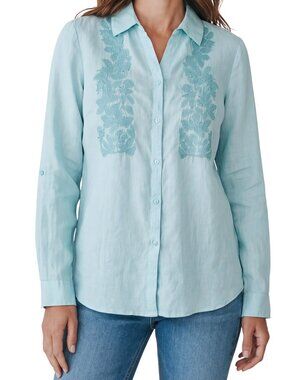 CHARTER CLUB Mint Green Embroidered Button Down Long Sleeve Blouse - Size Medium